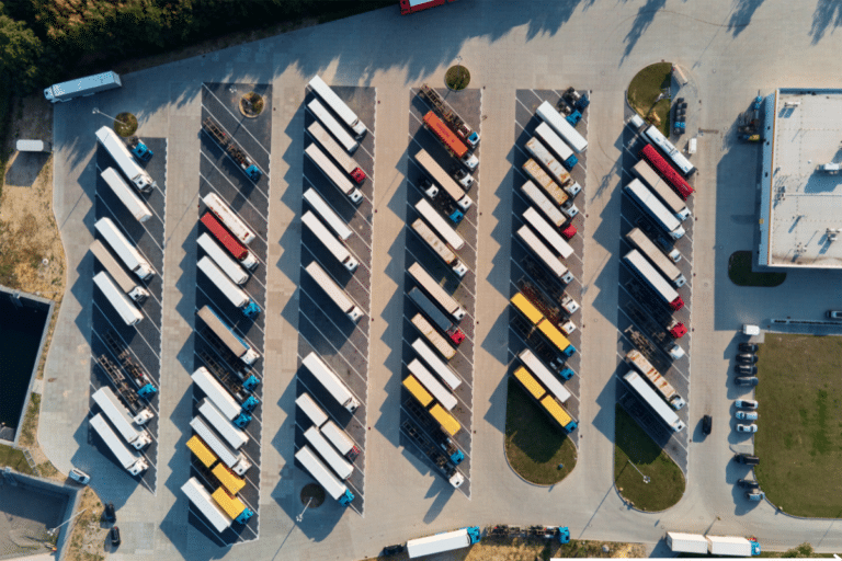 aerial view of parked commercial vehicles