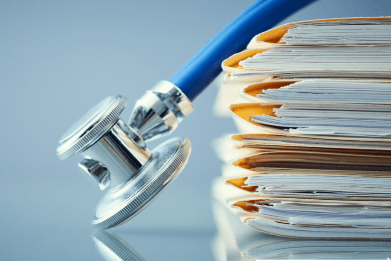 A stethoscope and stack of medical files