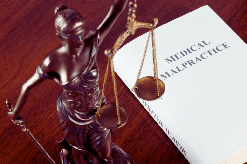 medical malpractice book and the justice sign